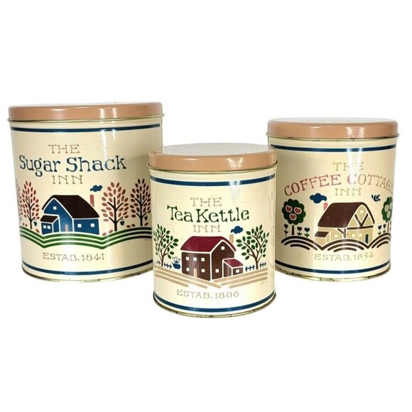 VTG Farmhouse Nesting Set of Three Tins Tea Kettle Coffee Cottage Sugar Shack - Picture 3 of 12
